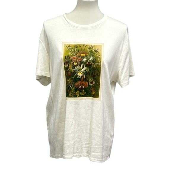Hand Printed Upcycled Womens XXL Vintage Orchid Botanical Flower Tee Shirt - Picture 1 of 4